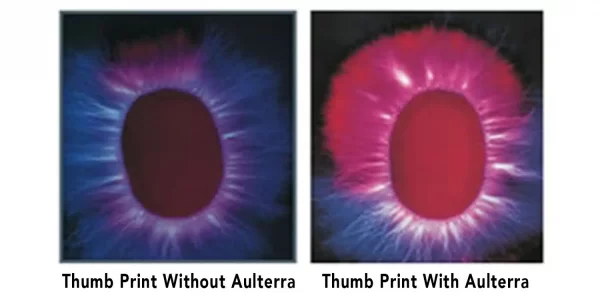 Kirlian photography thumb print with and without Aulterra Neutralizer